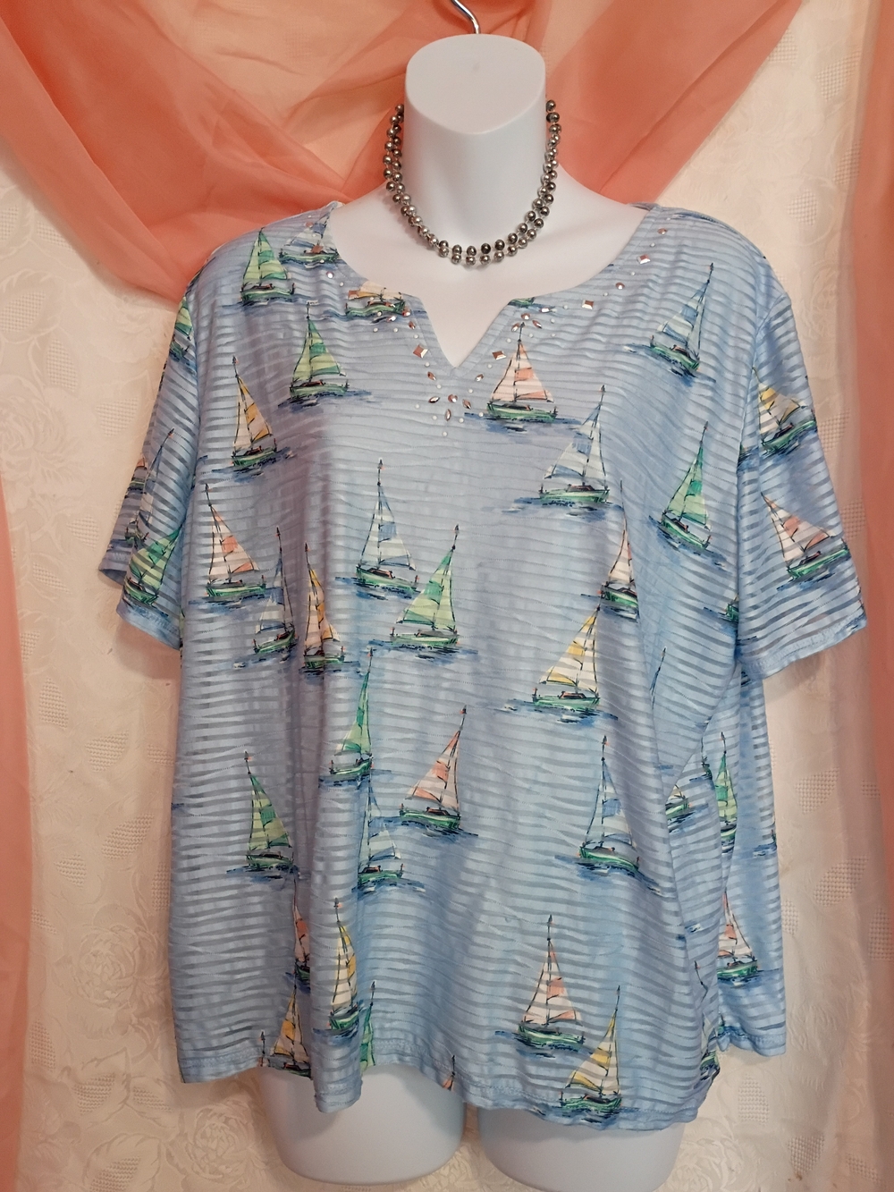 Alfred Dunner Light Blue Sailboat Print Top